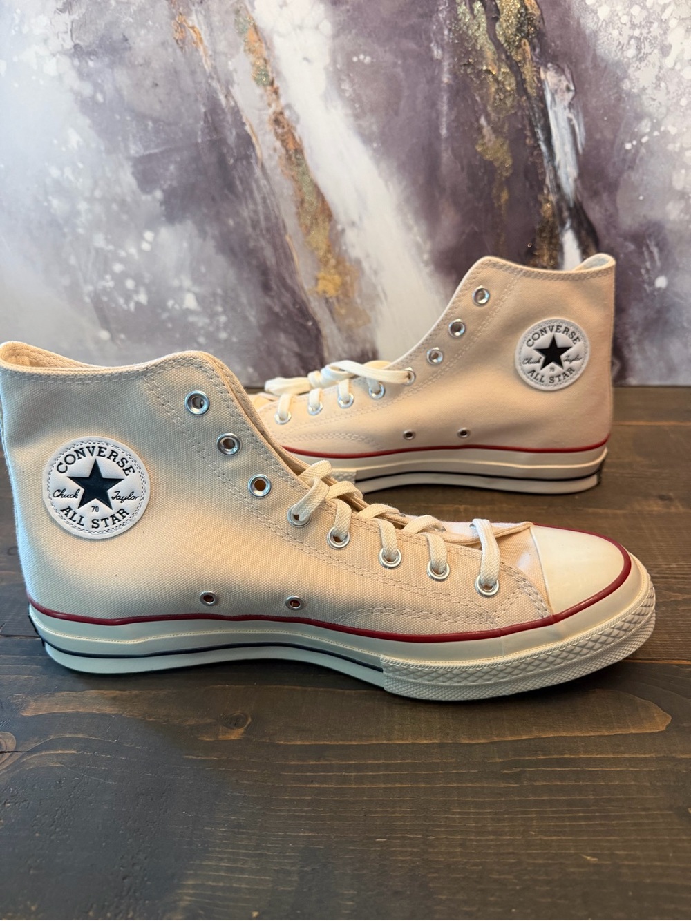 These are Converse Chuck 70 High “Parchment / Garnet / Egret”, style 162053C